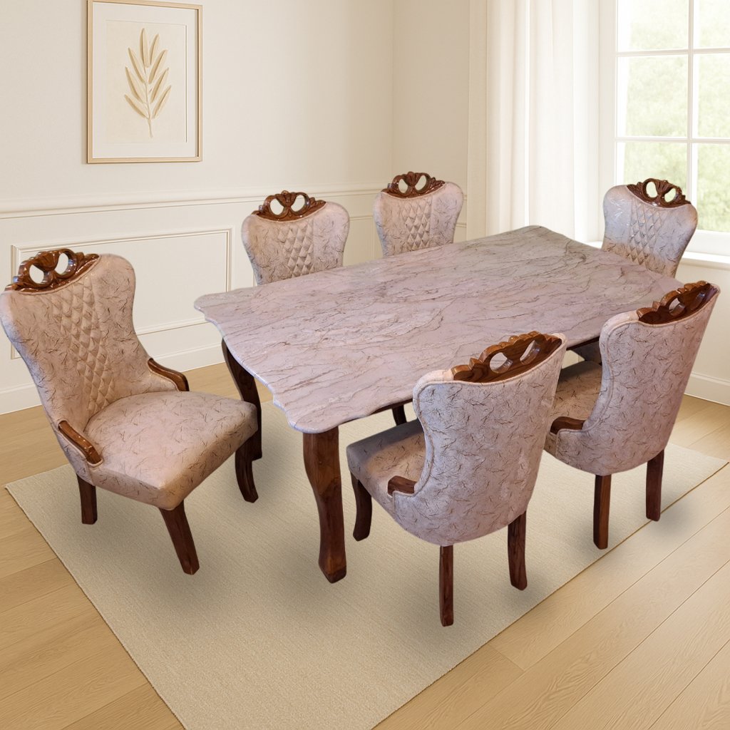 Elegant Marble Dining Table Set – 6-Seater Wood Chairs